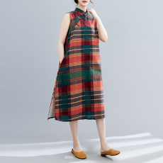 批发实拍2026夏季新款棉麻大码<b class='q'>胖</b>妹妹宽松休闲显瘦条纹复古旗袍连衣裙