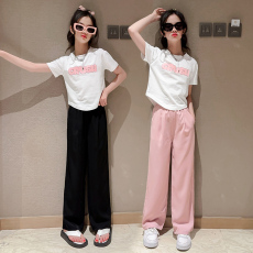 批发230克纯棉双纱女童夏季短袖套装2026新款休闲中大童多巴胺两件套