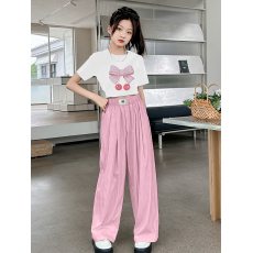 批发230克纯棉双纱女童夏季短袖套装2026新款休闲中大童多巴胺两件套