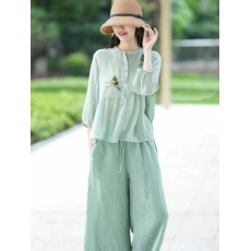 批发官方图新款棉麻套装女文艺七分袖刺绣<b class='q'>衬衫</b>休闲棉麻阔腿长裤两件套