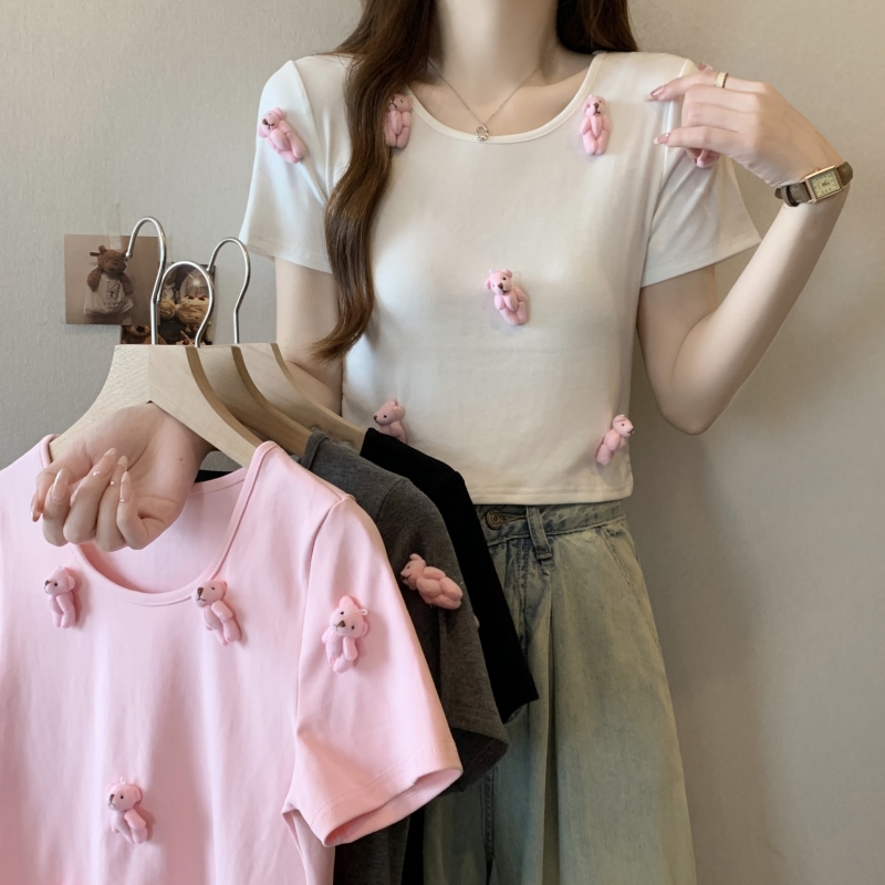 PF16865# 实拍2024夏装 立体小熊短袖T恤女设计感小众