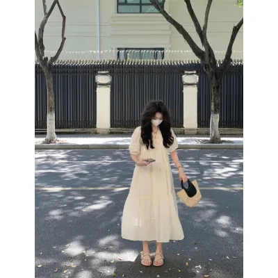 实拍实价#米白色连衣裙女夏季文艺复古法式甜美泡泡袖森系仙女裙