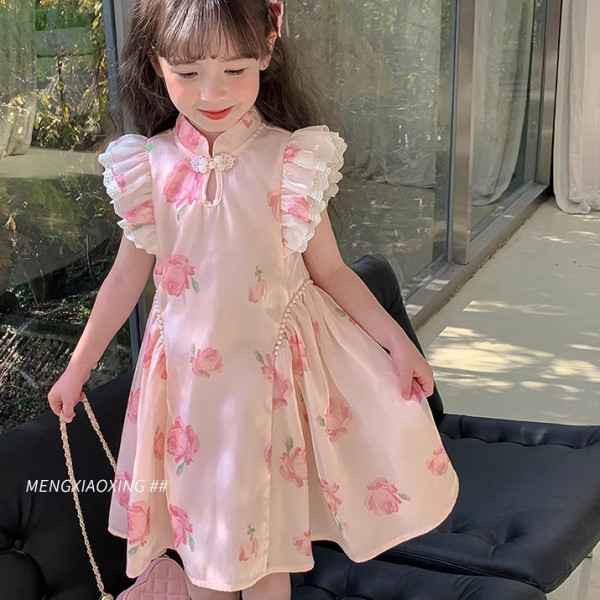 Girls Dress Summer 2024 New Children's Style Flying Sleeve Cheongsam Dress Baby Fashion Ancient Style Skirt Summer Dress