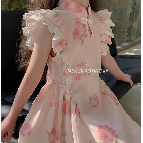 Girls Dress Summer 2024 New Children's Style Flying Sleeve Cheongsam Dress Baby Fashion Ancient Style Skirt Summer Dress