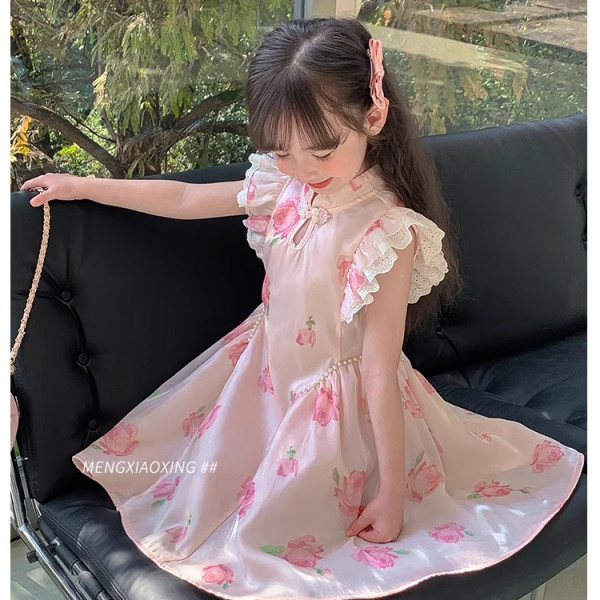 Girls Dress Summer 2024 New Children's Style Flying Sleeve Cheongsam Dress Baby Fashion Ancient Style Skirt Summer Dress