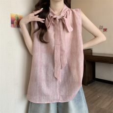 批发实拍实价 夏季新款设计感复古宽松<b class='q'>百搭</b>绑带无袖背心衬衫