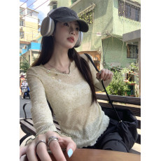 批发实拍实价~慵懒风V领修身休闲防晒长袖T恤女春夏薄款空调衫上衣