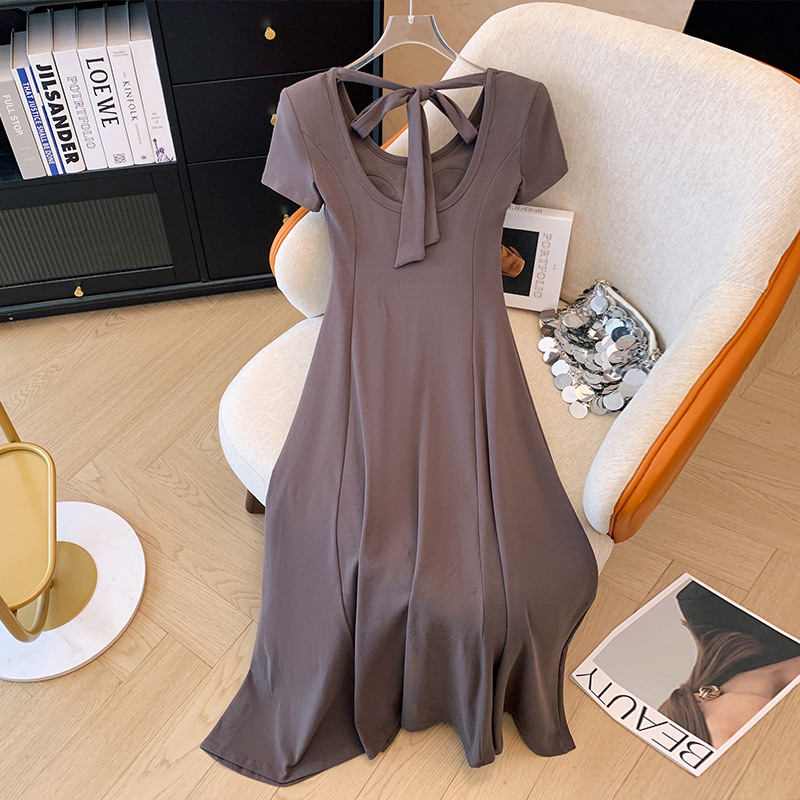 PF17098# 气质显瘦黑色露背连衣裙2024新款裙子女夏季后背系带设计收腰长裙女裝貨源服裝批發