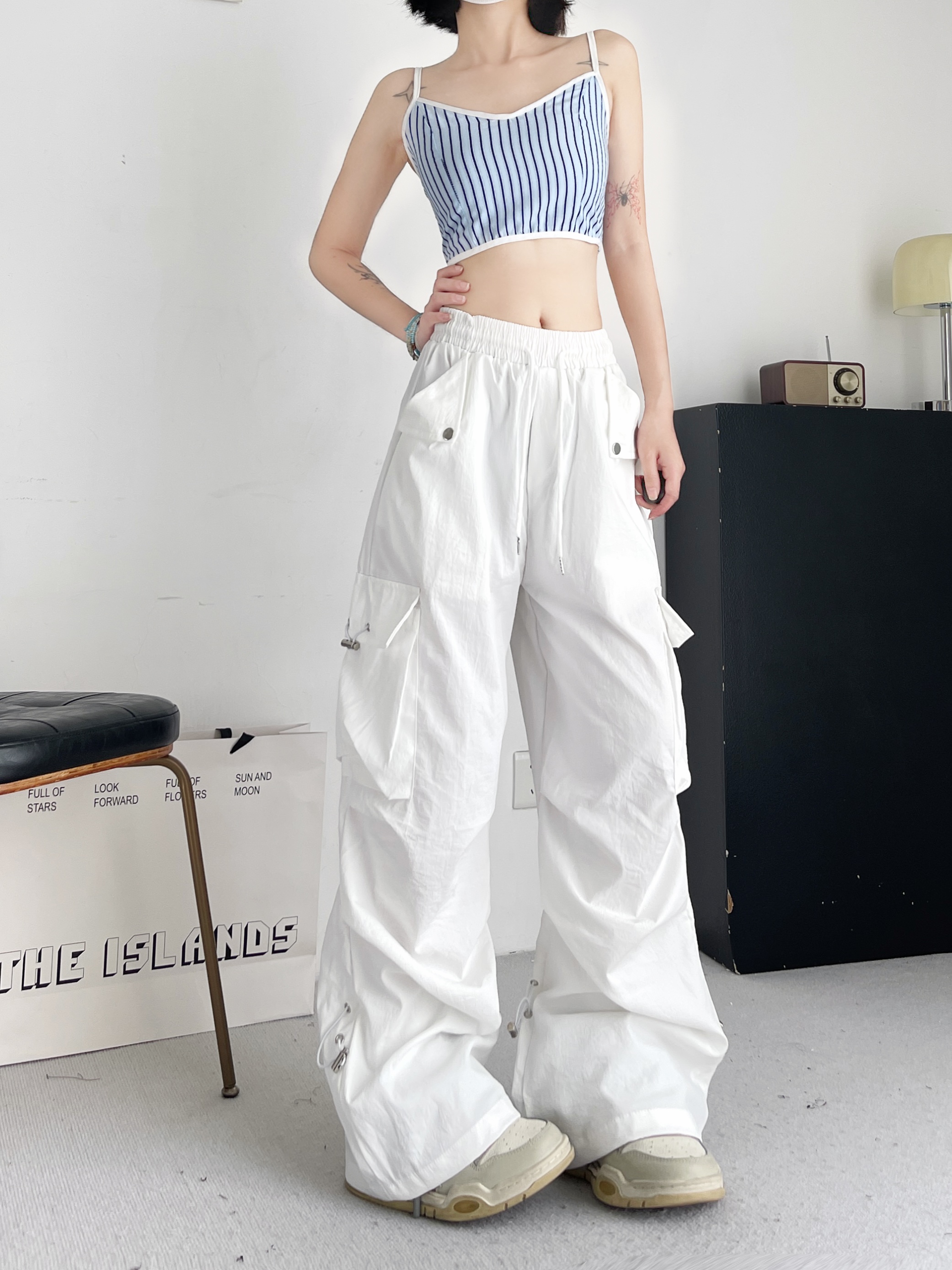 PF16884# 实拍#美式潮牌白色工装裤女夏季直筒hiphop爵士舞阔腿休闲裤长裤