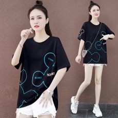 批发冰爽纯棉短袖宽松t恤女2026年新款夏装休闲中长款洋气印花上衣潮