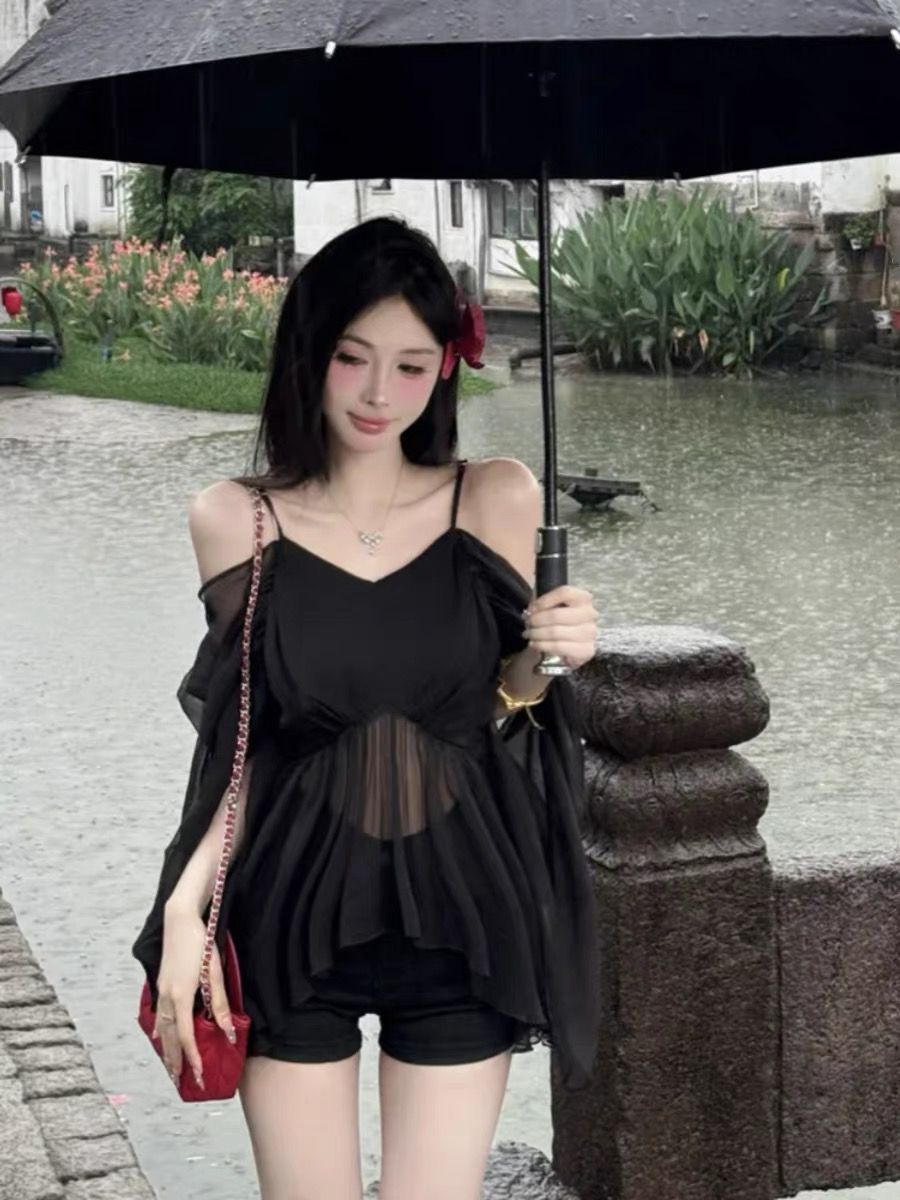 Pure desire sexy one-shoulder suspender top for women loose summer new style waist slimming hot girl temperament long-sleeved shirt