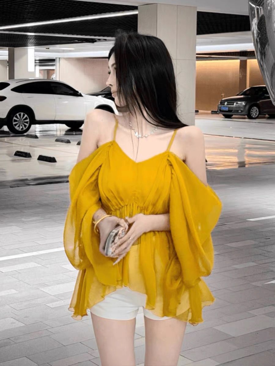 Pure desire sexy one-shoulder suspender top for women loose summer new style waist slimming hot girl temperament long-sleeved shirt