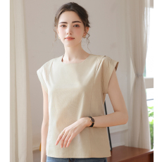 批发<b class='q'>亚麻</b>连肩袖设计上衣2026春季新款休闲方圆领宽松纯色短袖T恤