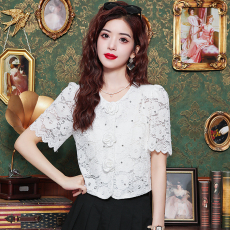 批发短袖蕾丝衫小清新修身夏季<b class='q'>清凉</b>镂空甜美上衣镶钻开衫