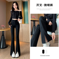 批发526#春秋新款百搭九分长裤前开叉微喇叭裤子女裤休闲裤黑色高腰<b class='q'>夏</b>