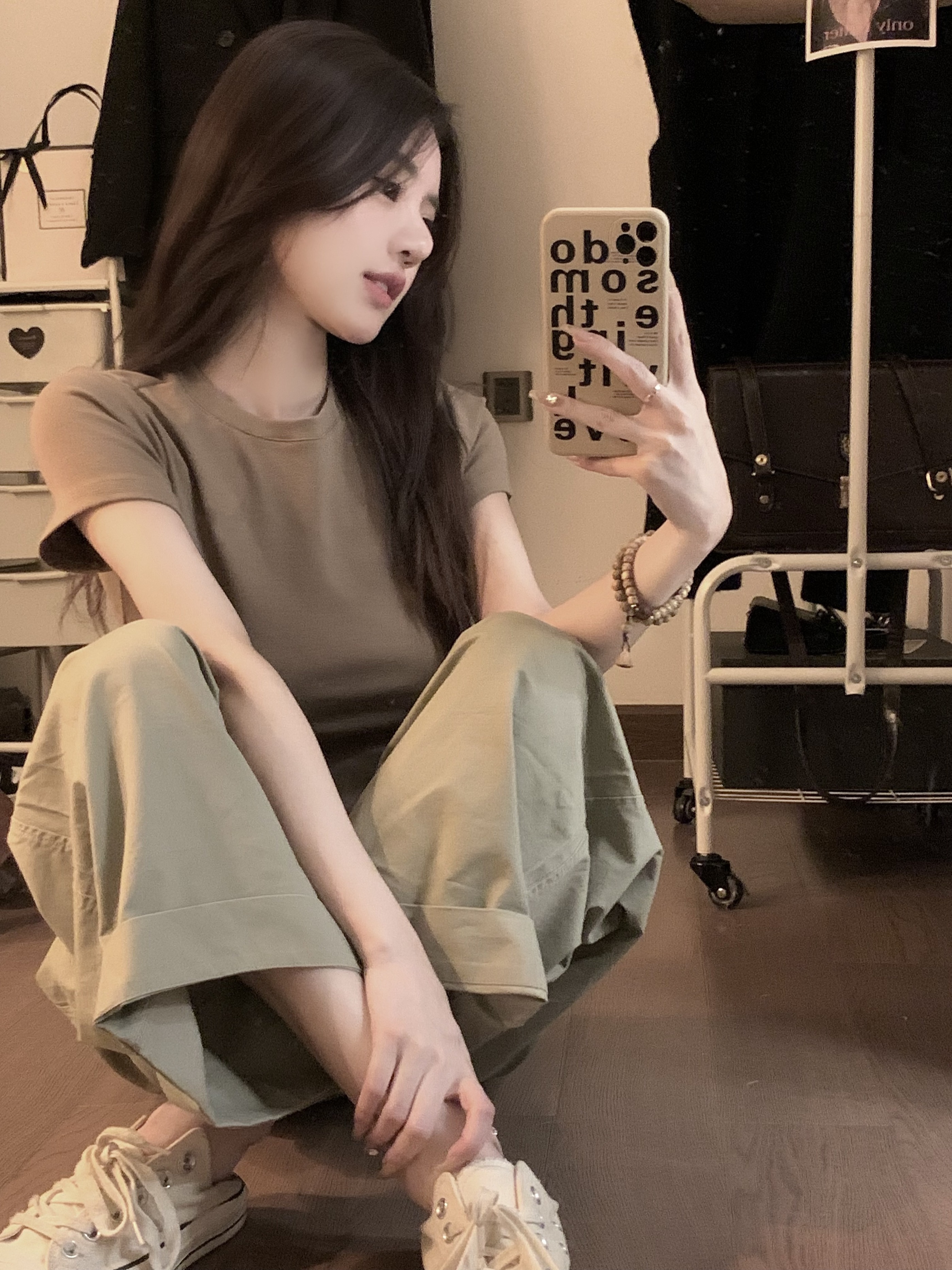 Actual shot~Korean style versatile niche wide-leg pants casual trousers + slimming short-sleeved T-shirt