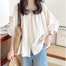 批发2026夏装大码女装宽松圆领刺绣七分袖<b class='q'>衬衫</b>娃娃衫M-4XL200斤