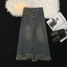 批发实拍大码女装<b class='q'>秋</b>季时髦流苏高腰设计感a字开叉复古牛仔半身长裙