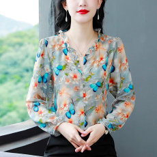批发印花桑蚕雪纺衬衫女上衣2026夏新款女士印花气质显瘦衬衣<b class='q'>长袖</b>女