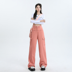 批发实拍粉色<b class='q'>大</b>口袋工装<b class='q'>裤</b>女2024秋季新款宽松阔腿拖地休闲<b class='q'>裤</b>牛仔<b class='q'>裤</b>