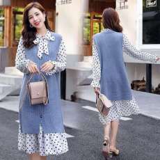 批发秋冬两件套女2025新款波点雪纺连衣裙<b class='q'>中长款</b>宽松针织马甲开衫套装