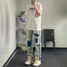 批发小众拼色弹力牛仔裤直筒美式男水洗做旧乞丐裤子黄泥染复古高街潮