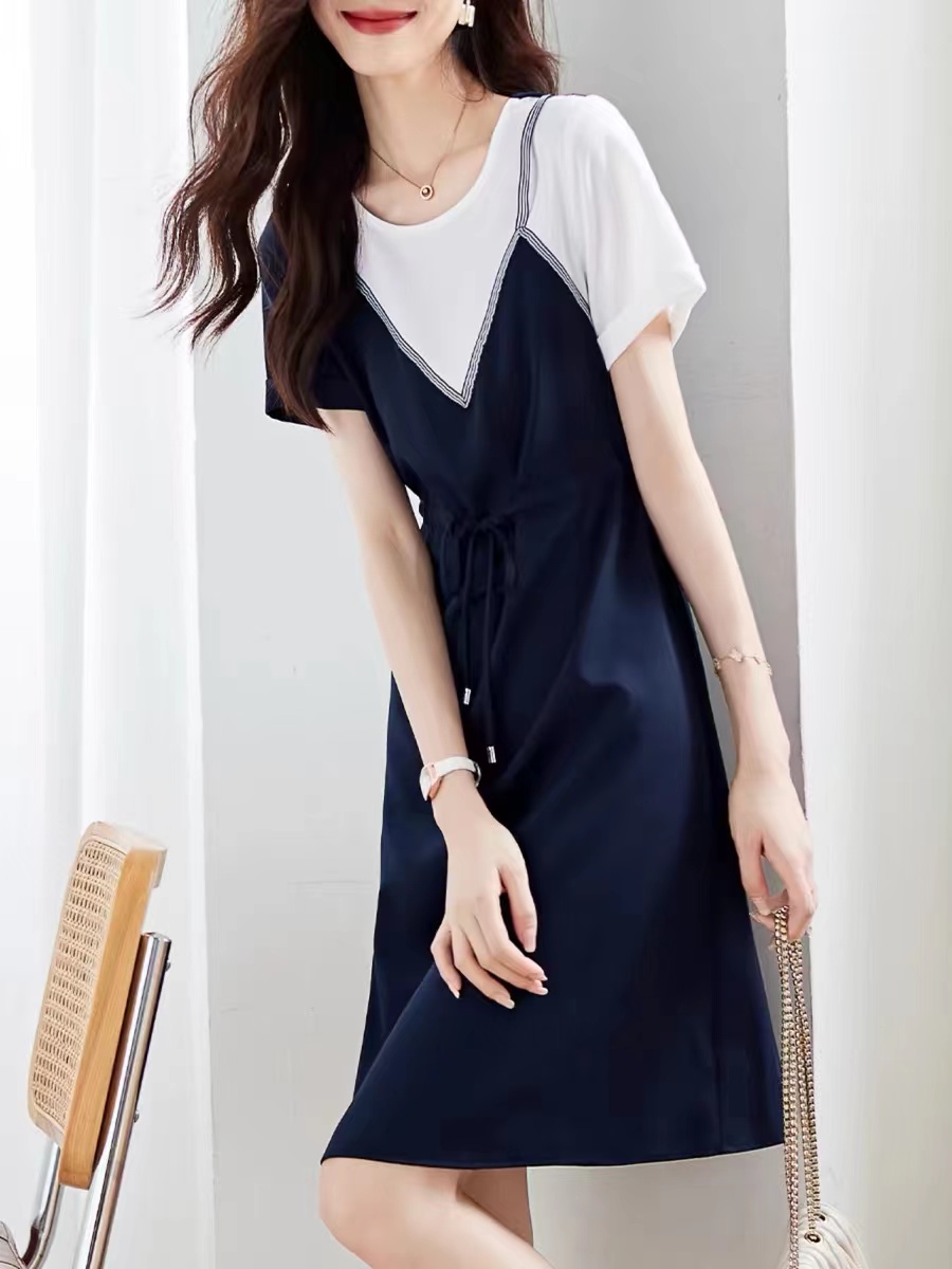 PF16875# 撞色拼接假两件裙子2024夏季新款简约抽绳显瘦百搭针织连衣裙