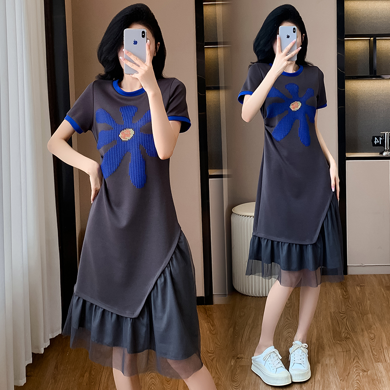MY3096# 欧货设计感花朵印花夏季不规则高级感拼接显瘦洋气圆领T恤连衣裙女裝貨源服裝批發