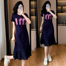 批发高端洋气夏季重工爱心烫钻褶皱显瘦雪纺<b class='q'>拼接</b>鱼尾气质圆领<b class='q'>连衣裙</b>