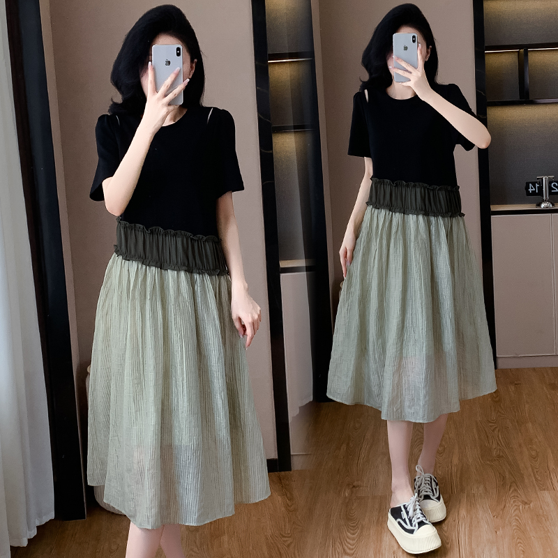 MY3099# 韩系撞色拼接连衣裙夏季甜美减龄显瘦洋气设计感露肩T恤长裙女...