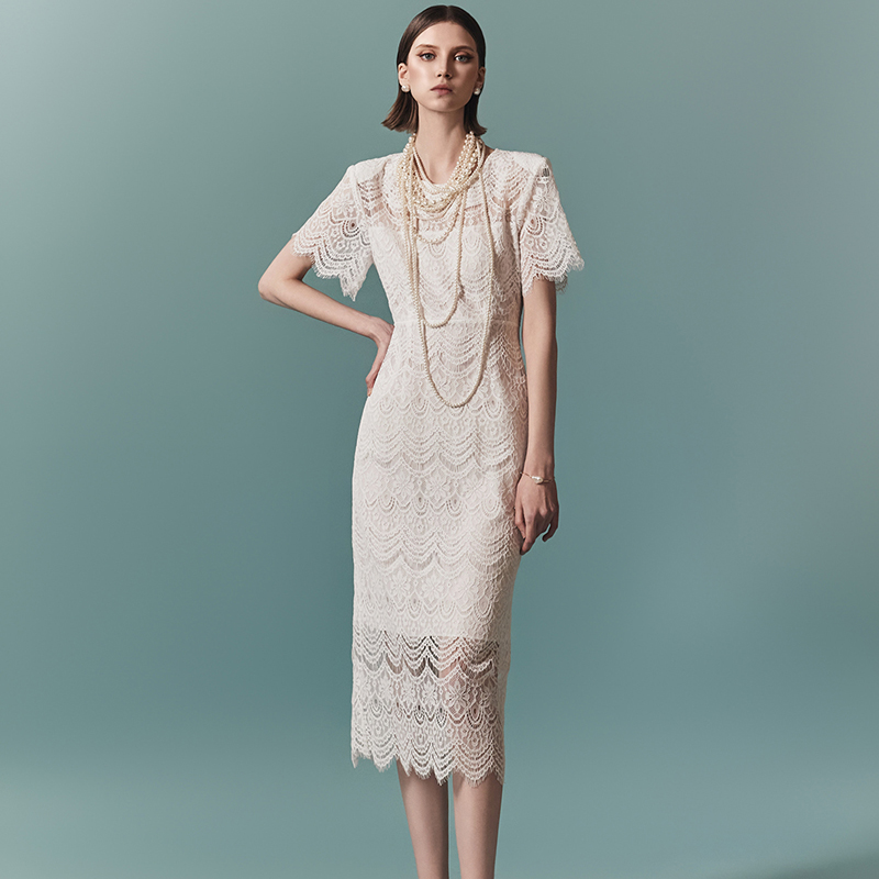 PF17072# 2024韩版时尚气质优雅显瘦大气蕾丝名媛风短袖甜美纯色中长连衣裙女裝貨源服裝批發
