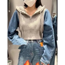 批发针织拼接<b class='q'>牛仔</b>短外套<b class='q'>女</b>新款气质绑带上衣复古时尚拉链<b class='q'>衬衫</b>款