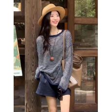 批发<b class='q'>条纹</b>中长款防晒罩衫女夏季新款休闲慵懒风上衣轻薄<b class='q'>长袖</b>宽松<b class='q'>t</b><b class='q'>恤</b>女