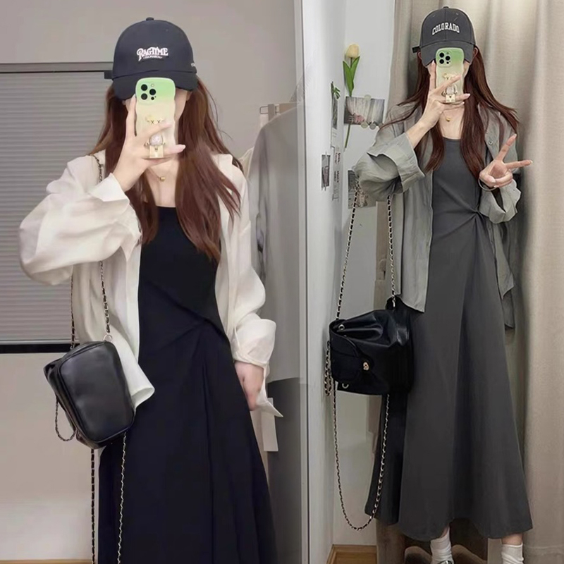 여름 드레스 새로운 한국 스타일 빅 사이즈 여성 의류 디자인 센스 한국어 드레스 자외선 차단 셔츠 투피스 슈트