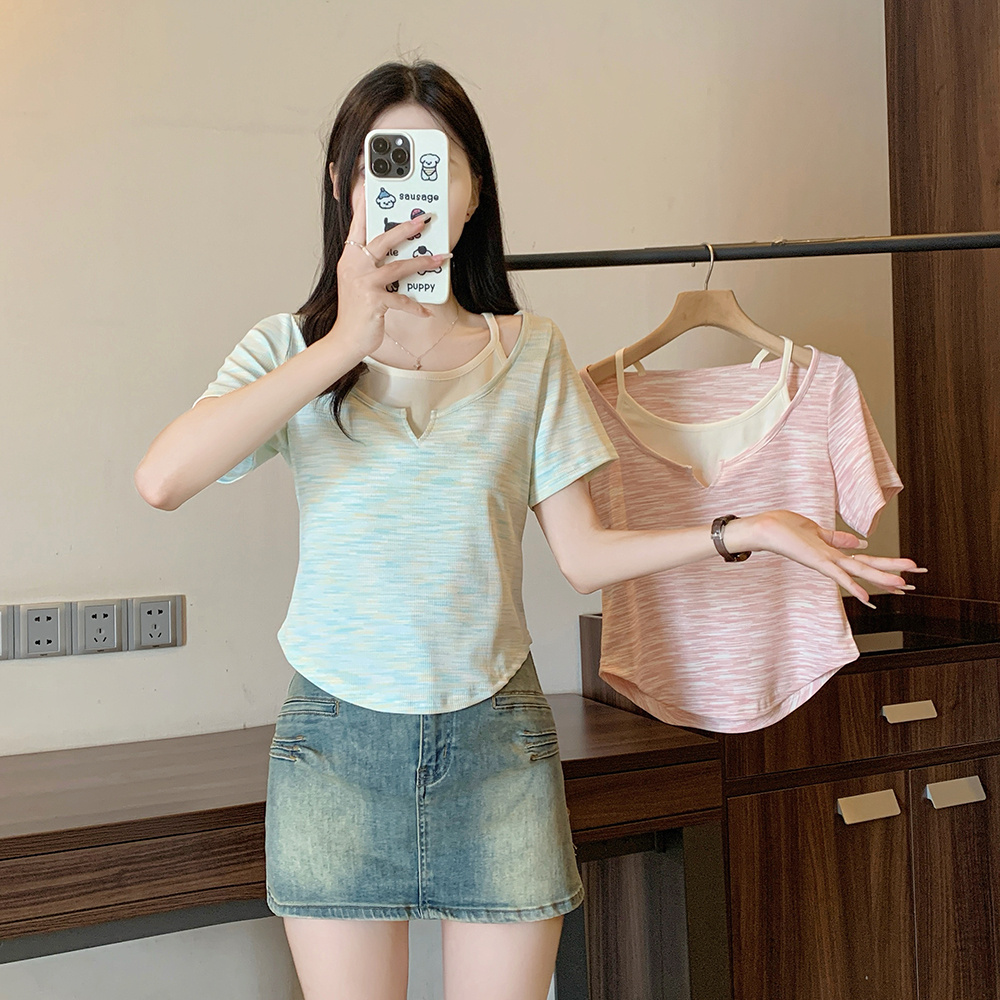 PF17125#大码女装新款拼色设计感假两件短袖T恤上衣女裝貨源服裝批發