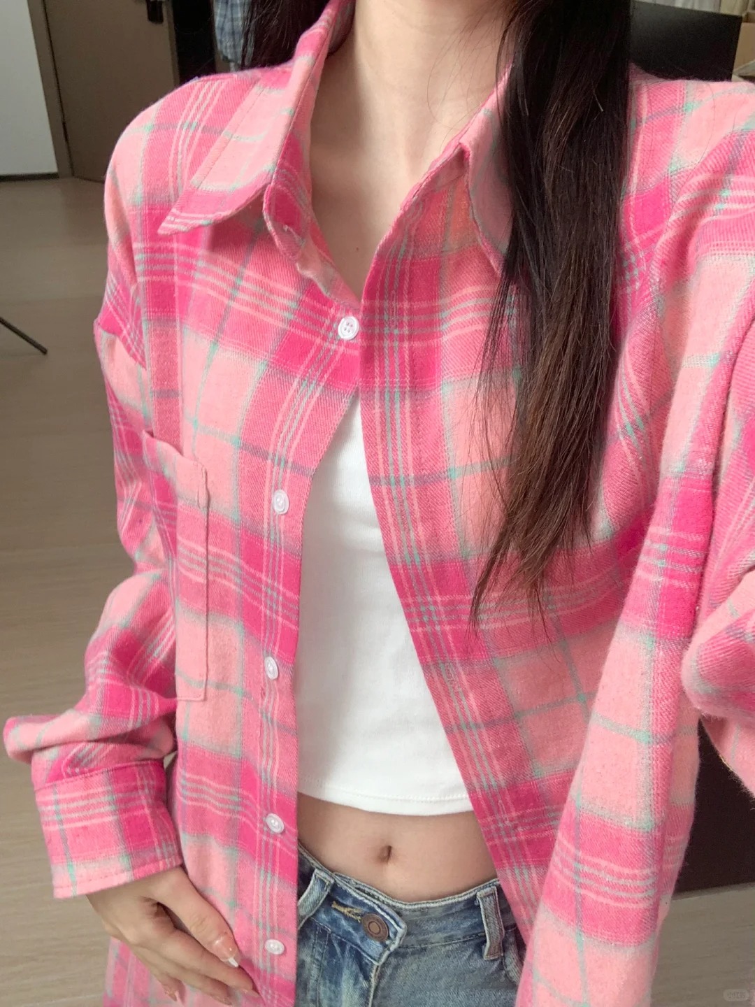 봄 새로운 루즈핏 다용도 핑크색 체크무늬 긴팔 셔츠 여름 자외선 차단 맨위 재킷