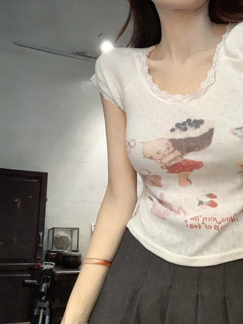 PF17075#提花短袖t恤夏2024潮正肩修身短款优雅蕾丝圆领上衣女装女裝貨源服裝批發