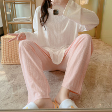 批发梦<b class='q'>记</b> M-5XL 35提花棉女睡衣春季长袖家居服套装大码