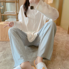 批发梦<b class='q'>记</b> M-5XL 35提花棉女睡衣春季长袖大码家居服套装