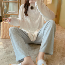 批发梦<b class='q'>记</b> M-5XL 35春季长袖提花棉女大码睡衣家居服套装