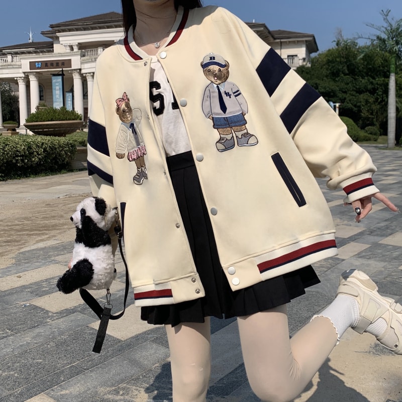LN68705# 秋季新款小熊部落两只熊棒球服刺绣拼色外套休闲百搭款 服裝批發女裝批發服飾貨源
