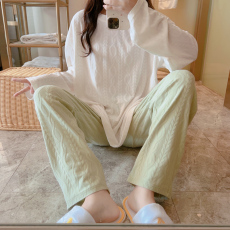 批发梦<b class='q'>记</b> M-5XL 35春季提花棉长袖女睡衣家居服套装大码