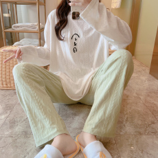 批发梦<b class='q'>记</b> M-5XL 35大码春季提花棉长袖睡衣家居服套装