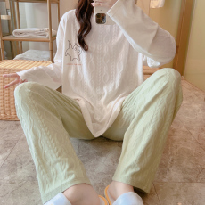 批发梦<b class='q'>记</b> M-5XL 35春季提花棉长袖女大码睡衣家居服套装