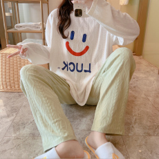 批发梦<b class='q'>记</b> M-5XL 春季35提花棉长袖大码睡衣家居服套装