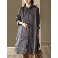 批发2024夏秋新款复古棉麻衬衫女纯色暗纹衬衣中长款开衫外套
