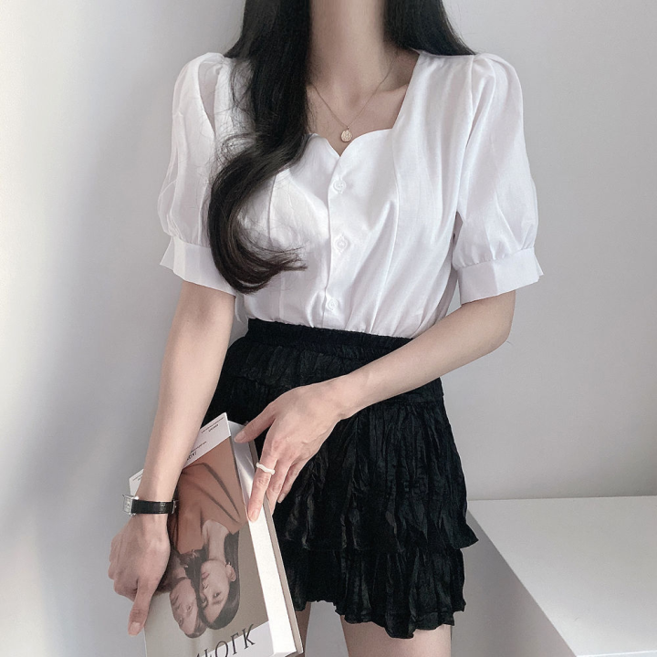 LN47010# chic韩版夏季新款法式小众时尚单排扣百搭短袖衬衣 服裝批發女裝批發服飾貨源
