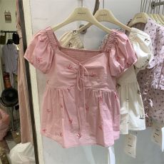 批发短袖套头超仙印花小衫方领泡泡袖宽松女<b class='q'>上衣</b>百搭小清新<b class='q'>碎花</b>衬衫