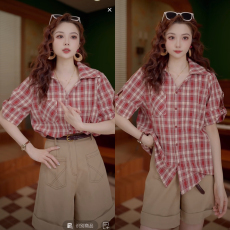 批发現貨 巨好看港风复古时尚气质<b class='q'>格子</b>短袖<b class='q'>衬衣</b>女2026夏百搭上衣