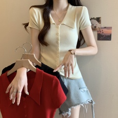 批发实拍正肩Polo领冰丝短袖针织衫女<b class='q'>胖</b><b class='q'>MM</b><b class='q'>显瘦</b>独特别致时尚上衣